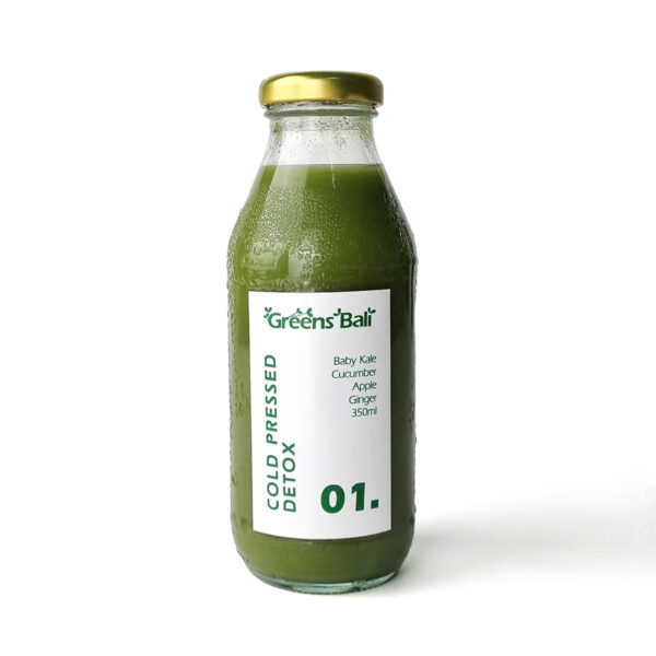 350ml Green Juice with apple, baby kale, ginger, and cucumber.